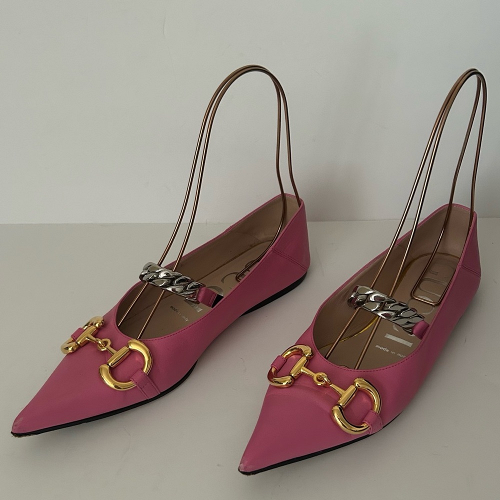 Gucci Nappa Lumiere Pink Leather Point Toe Horsebit Silver Chain Ballet Flats 36 - Picture 2 of 10